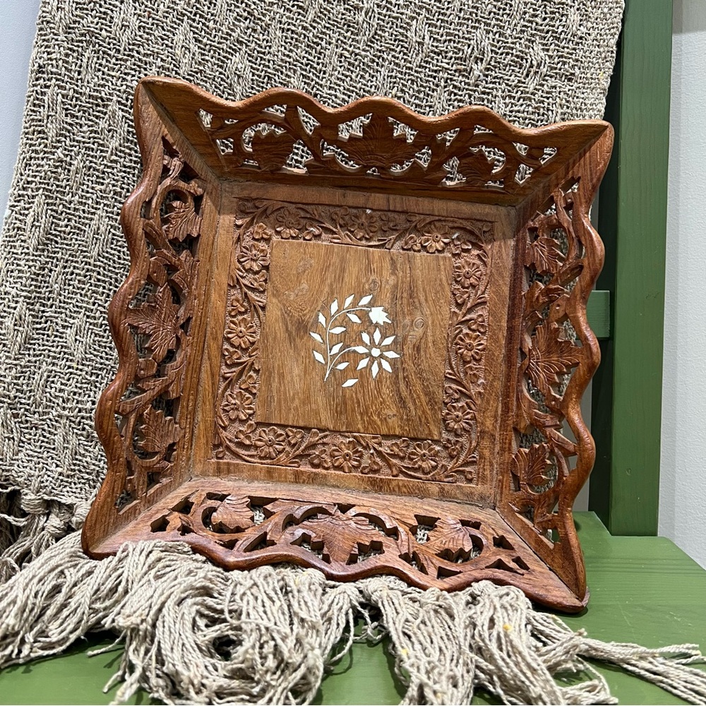 Vintage Carved Wood Inlaid Tray Floral & Leaf Motif